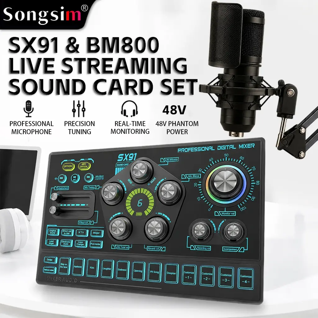 Songsim-SX91 & BM800 Audio Mixer, Podcast Equipment Bundle, XLR Condenser Microphone & Live Sound Card with Boom Arm. Supports Voice Changing & Customizable Sound Effects, Perfect for Live Streaming, Podcasting, Gaming, DJ, and Content Creators.