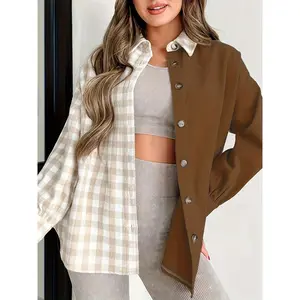 Plus Size Women's Two-Tone Patchwork Check & Solid Colour Long-Sleeved Shirt