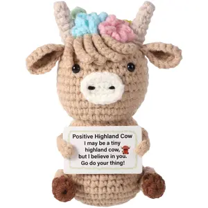Positive Energy Crochet Highland Cow, Cute Handmade Cuddly Huggable Soft Stuffed Animal for Stress Relief and Comfort, Emotional Support Toy, Desktop Decoration, Stuffed Animal Gift