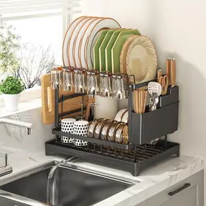 Dish Drying Rack, Countertop Dish Rack, 1 Count Detachable Large Capacity 2 Tier Kitchen Organizer with Cutlery Holder, Kitchen Storage Rack, Kitchen Accessories