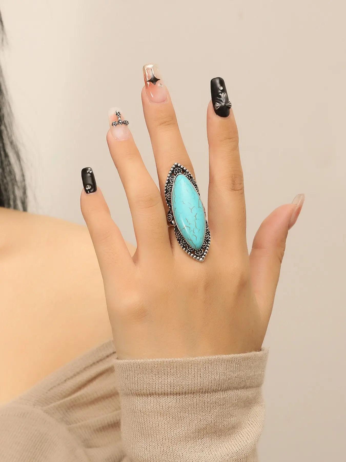 Unique Ethnic Style Oval Turquoise Statement Ring, Vintage Silver Beaded Design, Versatile, Perfect for Music Festivals and Daily Wear