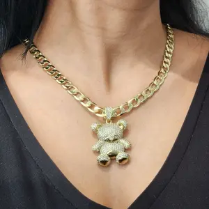 ViOrO 14K Gold Plated 8mm Cuban Link Chain with Zircon Bear Pendant for Dairy Use. Electro Laminated Premium Jewelry