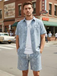 Men's 2 Piece Set, Faux Denim Print Short Sleeve Shirt & Shorts Set, Non-Denium Fabric Breathable Casual Streetwear Suit for Summer