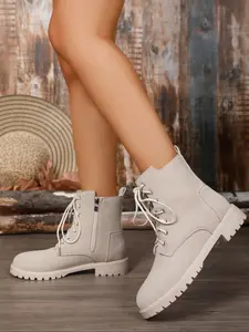 Women Lace-Up Combat Boots W/ Side Zipper Fashionable Comfort Shoes Outdoor Activities Daily Wear Casual Stylish Booties