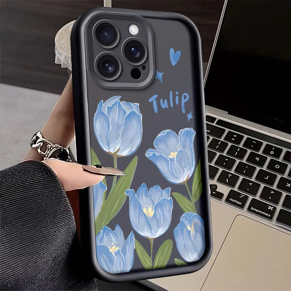 Blue Tulip Pattern TPU Silicone Protective Case - Shockproof, Durable, Waterproof Phone Protector for iPhone 17 Pro Max,16,16e,15,14 Plus,13,12 Mini,11,Air,X,XS - 2D Printing, Lens Protection, Valentine's Day Gift Phone Accessory