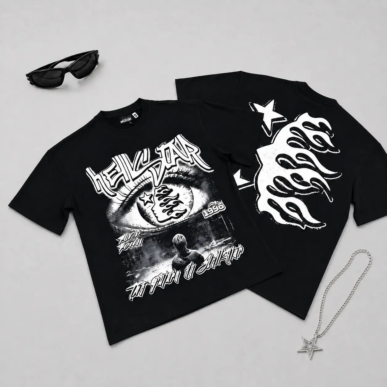 Hellstar Men's Pure Cotton Y2K Graphic T-Shirt, Vintage Rap Double-Sided Short Sleeve Streetwear Tee, Mens Standard Fit