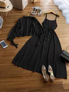 Women's Fashion Long Sleeve Top & Strap Dress Outfit Set, Casual Wear for Spring Summer Autumn, Stylish Women Clothing Collection