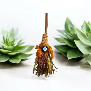 Handmade Evil Eye Broom Style 11-12 Inches Wood Crafted with Natural Herbs for Rituals Decor Spiritual Protection Altar Ornaments
