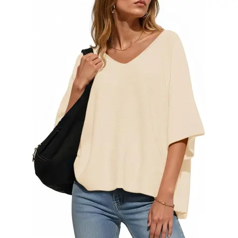 Saodimallsu Women's Minimalist Lightweight Knitting Oversized Sweater - Casual V-Neck Batwing Sleeves Loose Draped Top, Buttery Soft Clean Girl Fashion Pullovers, Tops for Women, Cold Wash Do Not Wring