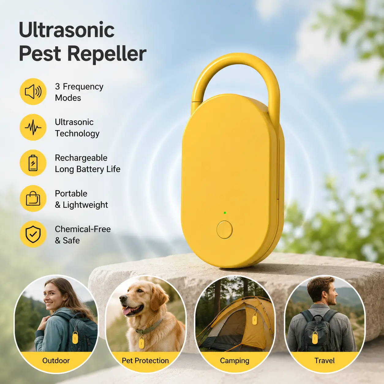 1 Count Ultrasonic Repellent Device, Rechargeable Portable 3 Modes Rotatable Hanging Repeller for Indoor Outdoor Pet and Travel Use