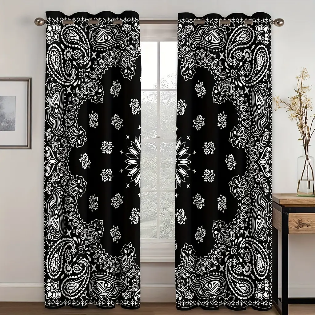 [Bohemian Curtains] 2 Bohemian Mandala Black Curtains - Indian Flower Design, Half Transparent Polyester Curtains for Bedroom and Living Room, Corrosion Resistant, Machine Washable, Living Room Curtains