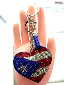 Rhinestone Puerto Rico Flag Heart Keychain | Bling Puerto Rican Souvenir Gift | Crystal Beaded Bag Charm with Tassel | Fast Shipping