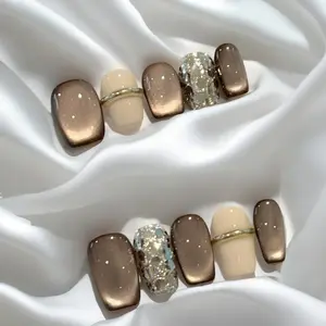 [Luxe Brown Cat-Eye]Diamonds Sparkle Gold-Plated Double-Layer Embossed Gradient Advanced Handmade Press on Nails Nail Art Sassy Stunning Elegant Luxurious Iridescent Glitter Butterfly fake nails nail stickers nail charms