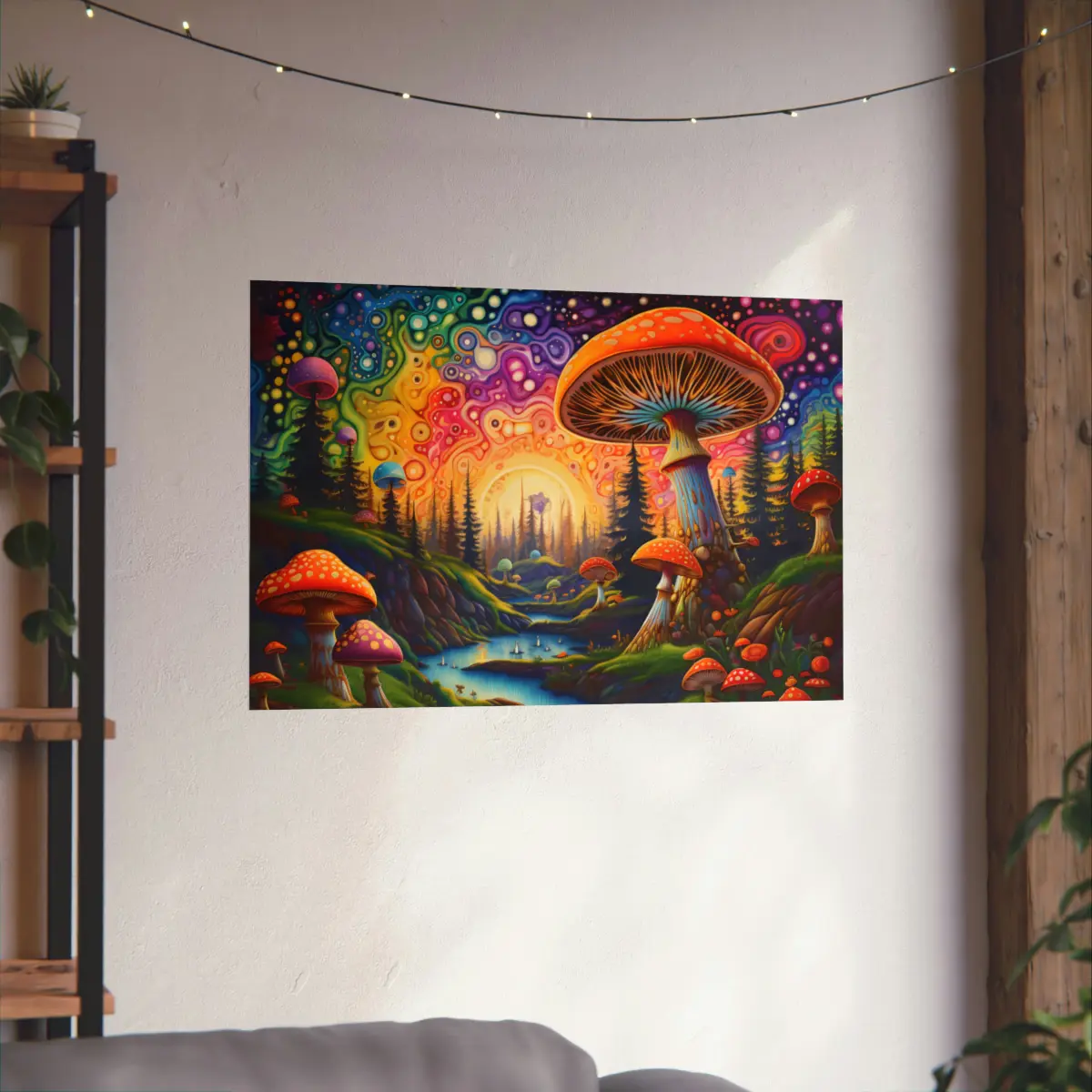 Psychedelic Mushroom Landscape Poster, Trippy Wall Art, Fantasy Art, Wall Decor, Unique Gift, Vibrant Colors, Shrooms, Psychedelic Art