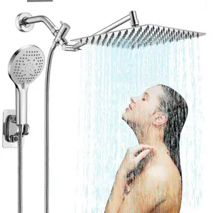 10 inch Rain Shower Head with Handheld Spray Stainless Steel, High Pressure Square Rainfall Showerhead Combo with 6 Handheld Sprayer, Detachable Waterfall Shower for Bathtub