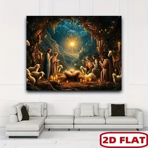 1pc 2D Flat Nativity Scene Christmas Banner - Versatile Indoor & Outdoor Holiday Decor, Holy Family Photo Backdrop with Starry Night Sky, Candles, and Sheep, Polyester Material, Perfect for Phot