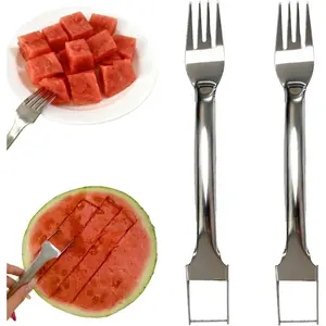 2Pcs 2-in-1 Stainless Steel Watermelon Fork Slicer Cutter, Portable Fruit Melon Cutter Knife Tool with Grip Handle for Home Party Camping Kitchen Gadget