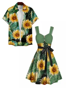 Van Gogh Sunflower Print Women's Sweetheart Neck Mock Button Dress and Men's Button Up Shirt Resort Hawaii Outfit Summer Vacation Couple Set