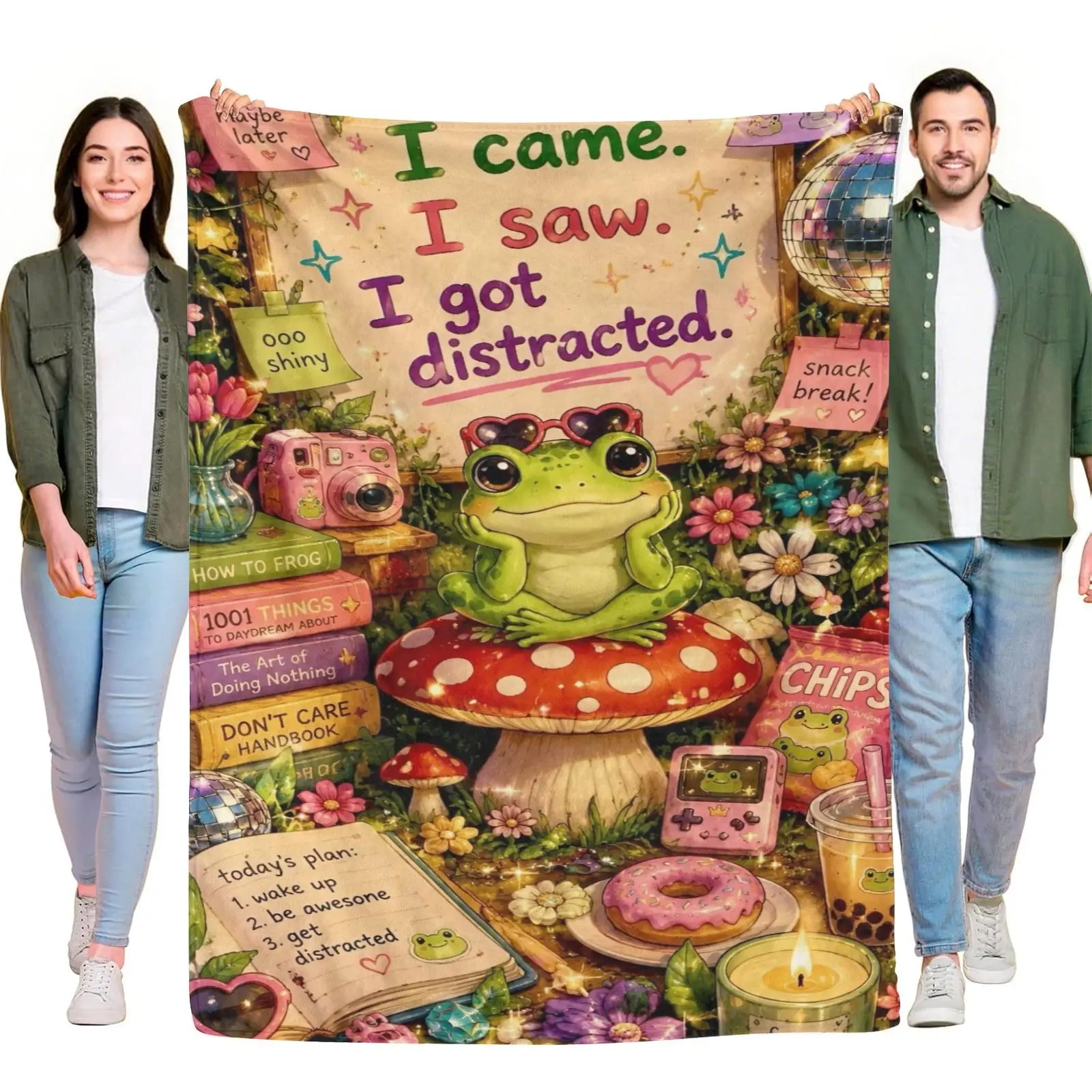 Flannel Throw Blanket I Came I Saw I Got Distracted Frog Mushroom Doodle Floral Cottagecore Warm Decorative Throw Blanket