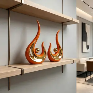2-Piece Modern Abstract Phoenix Ceramic Statues Set, Orange & Gold Glossy Reflective Artistic Ornaments, Luxury Electroplated Home Decor for Living Room, Unique Housewarming Gift