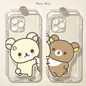 Trendy Fashion Funny Cute Bear Rilakkuma Couple Phone Cases For iPhone 17 Promax Pro Air 16 Plus 15 14 13 12 11 Transparent TPU Clear Shockproof Protective Cover Gift For Birthday Christmas Halloween