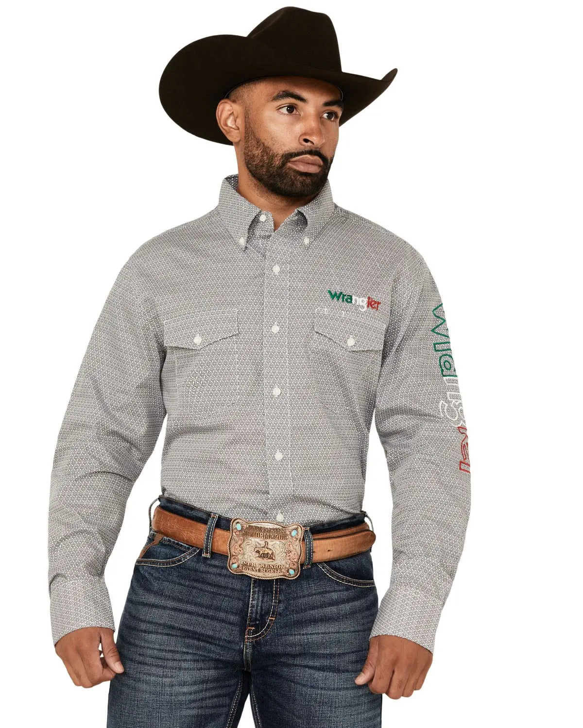 Wrangler Men's Men'S Mexico Flag Logo Geo Print Long Sleeve Button-Down - 112359483-Tll