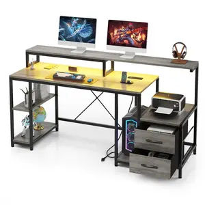 【Christmas Gift】Grey Computer Desk 63" with File Drawer, Gaming Desk with Led Light & Power Outlets, Home Office Desk with Printer Space, Storage Shelves & Monitor Stand, Ideal for Work Game Study