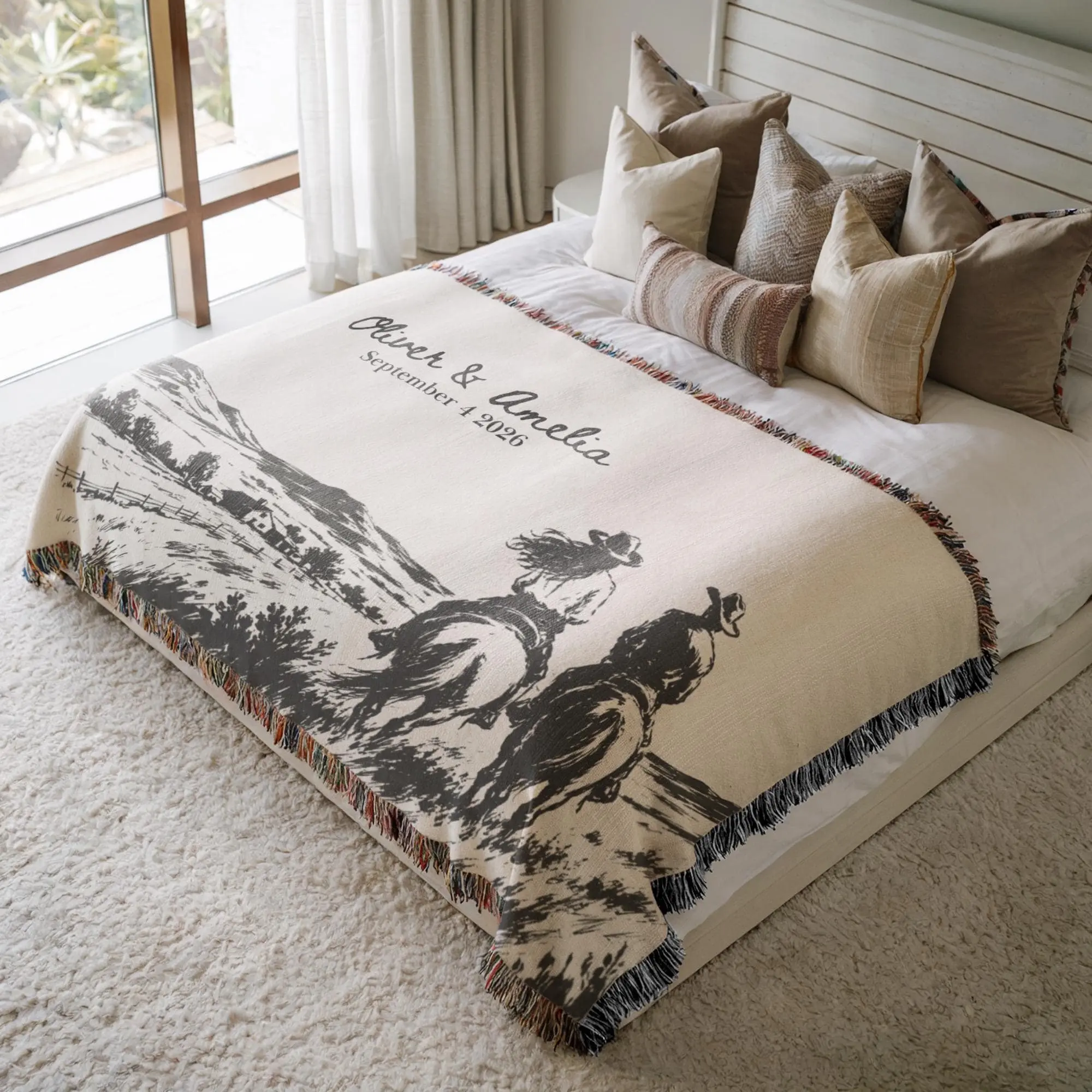 Western Woven Wedding Blanket Custom With Names And Date Cowboy Mr And Mrs Woven Throw Rustic Bridal Shower Gift Personalized Couple Present