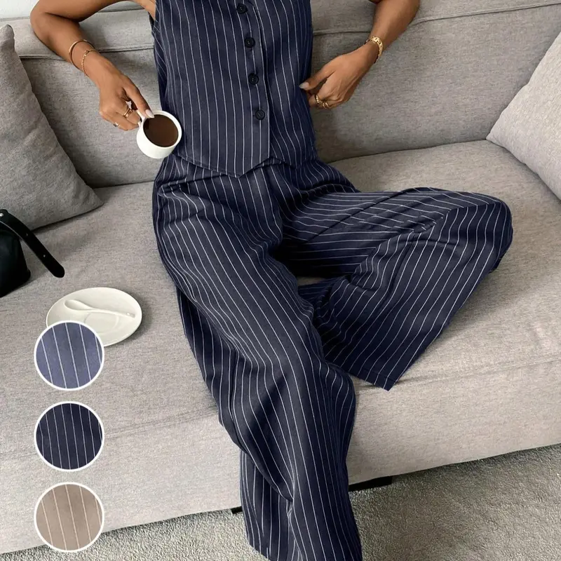 Two-Piece Set Women's Striped Button Front Tank Top & Pants, Casual Sleeveless Top & Trousers for Daily Wear, Ladies Clothes for Summer, Fitted Clothing Set, Striped Sets, Casual Outfits Women, Matching Clothing Set