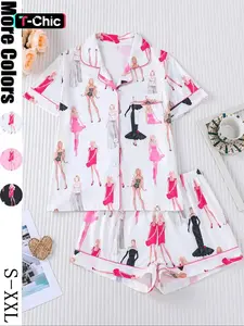 The Eras Tour Film Pajama Women's Sleepwear Set, Short Sleeve Button Front Soft Top Shirt & Elastic Shorts, Casual Home Wear, Loungewear, Comfortable Daily, Everyday, Pjs