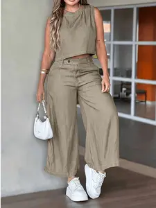 Women's Sleeveless Round Neck Vest & Wide Leg Pants Set, Top, Summer Casual Comfort, Daily Wear, Perfect Choice for Spring & Summer