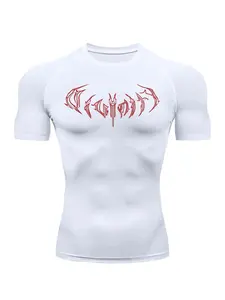 Men’s Gothic Tribal Script Print Compression Shirt - Quick-Dry, Moisture-Wicking Athletic Rash Guard for Active Wear, Unisex Clothes, Slim-Shaping Compression Fit Sports Top