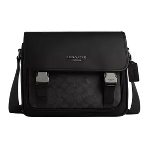 Coach Racer 28 Messenger Bag for Men – Adjustable Strap, Coated Canvas and Smooth Calfskin, Large Size, Charcoal Gray