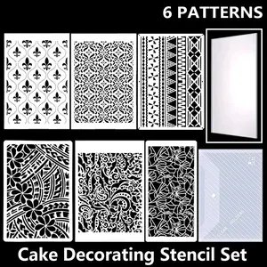 6Pcs Cake Decorating Stencil Set, Vintage Floral Patterns, with Cake Scraper & Storage Bag
