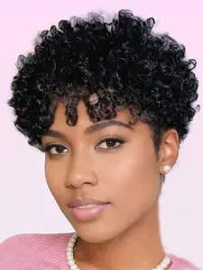 Pixie Wig 99j Burgundy, Short Kinky Curly Adjustable Human Hair Wig, Machine Made Daily Party Use, Stylish Gift Wig for Women