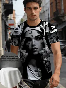 Gothic Dark Punk Style Men's Round Neck T-Shirt, Classic Streetwear Tattoo Nun Design, Distressed 3D Print, Slim Fit Casual Top