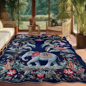 Bohemian Elephant Pattern Rug, Luxury Soft Fan-Shaped Irregular Carpet, European Vintage Rug for Living Room, Hallway, Outdoor Garden, Soft Area Rug, Vintage Boho Rug