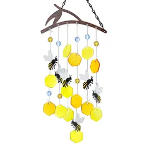 23 Inch Bee Bohemian Wind Chime Outdoor Use, Unique Colorful Glass Wind Chimes Garden Decoration, Sunflower Hanging Decor Gift for Women Mom Grandma