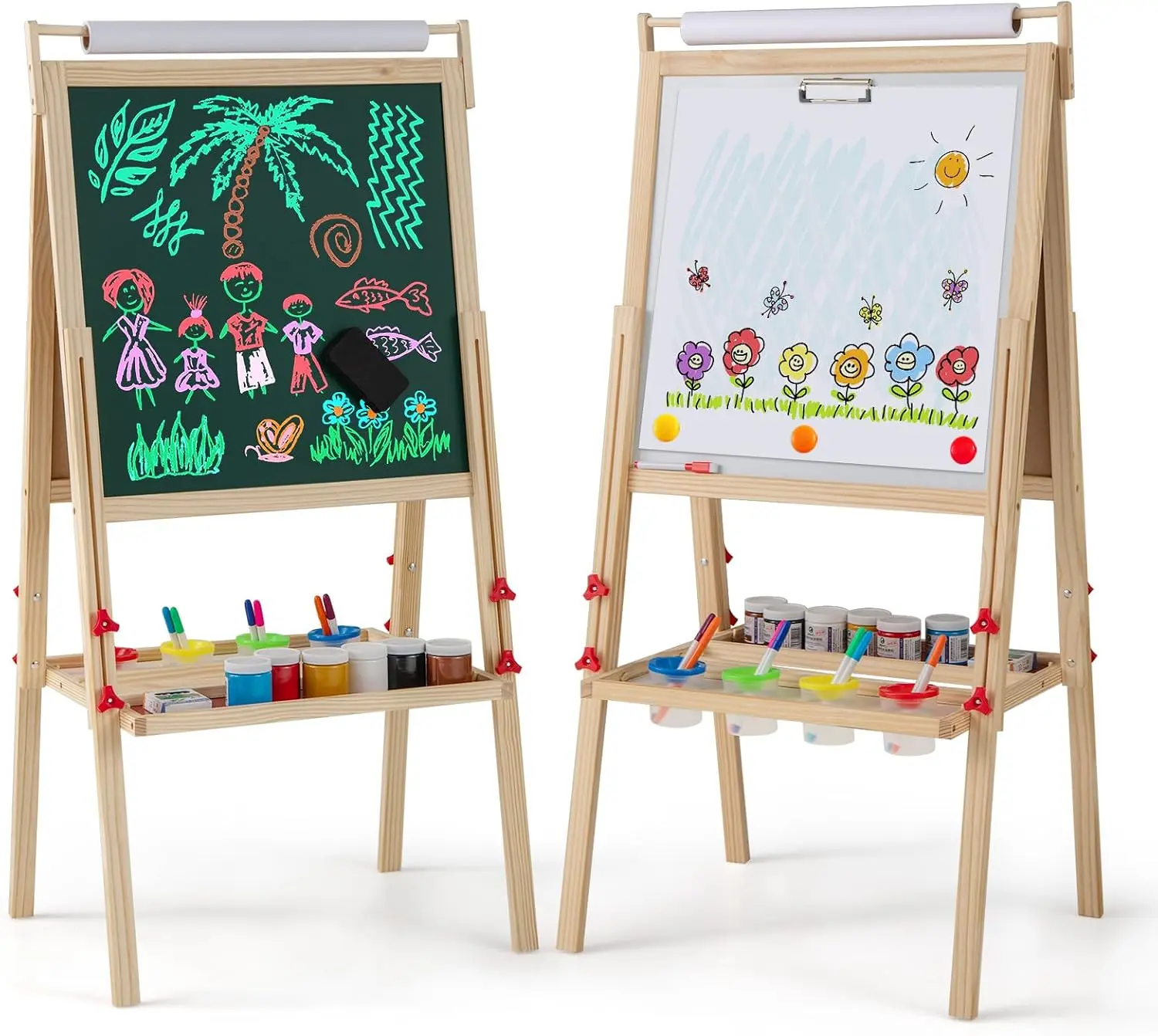 Costzon Easel for Kids, 3 in 1 Double-Sided Kids Art Easel with Magnetic Whiteboard, Chalkboard, Paper Roll, 2 Storage Trays, 4 Paint Cups for Drawing, Painting, Gift for Boys Girls