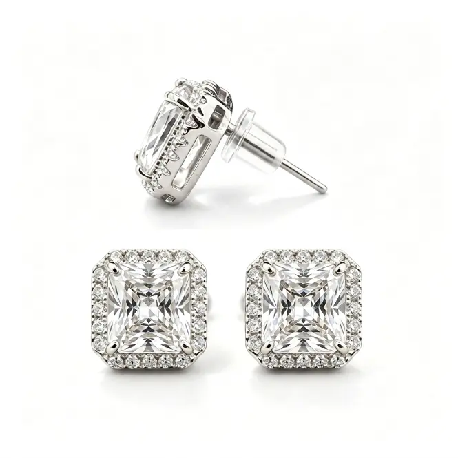 Luxury 3CT Square Radiant Cut Stud Earrings, 11MM 6A High Shine Zircon Halo Earrings, Gold Tone Pave Border Crystal Ear Studs, Elegant Wedding Party Jewelry for Women, Perfect Gift