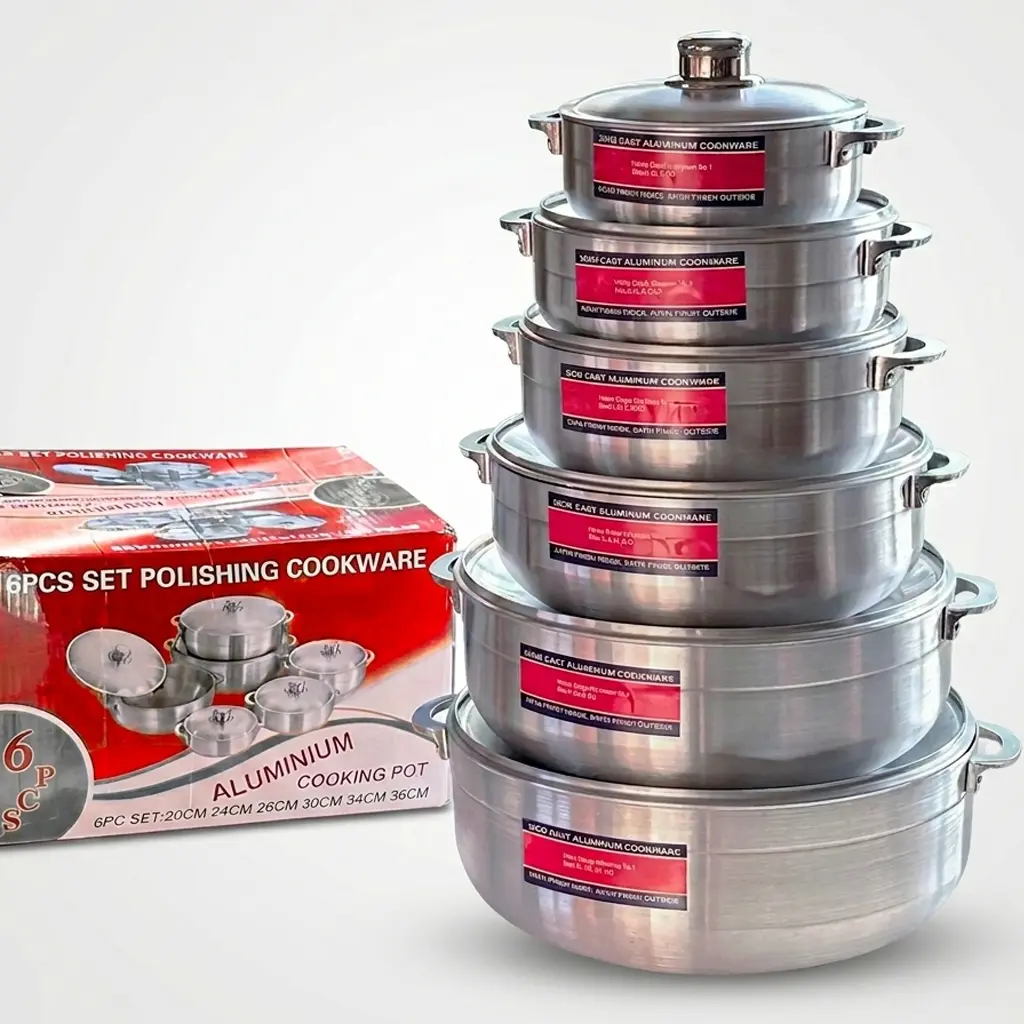 Kitchenware 6-Piece Lightweight Aluminium Cookware Set - Silver 19-36cm Pots with Handles, Matching Lids & Easy-Handling Stock Pot for Home Kitchens