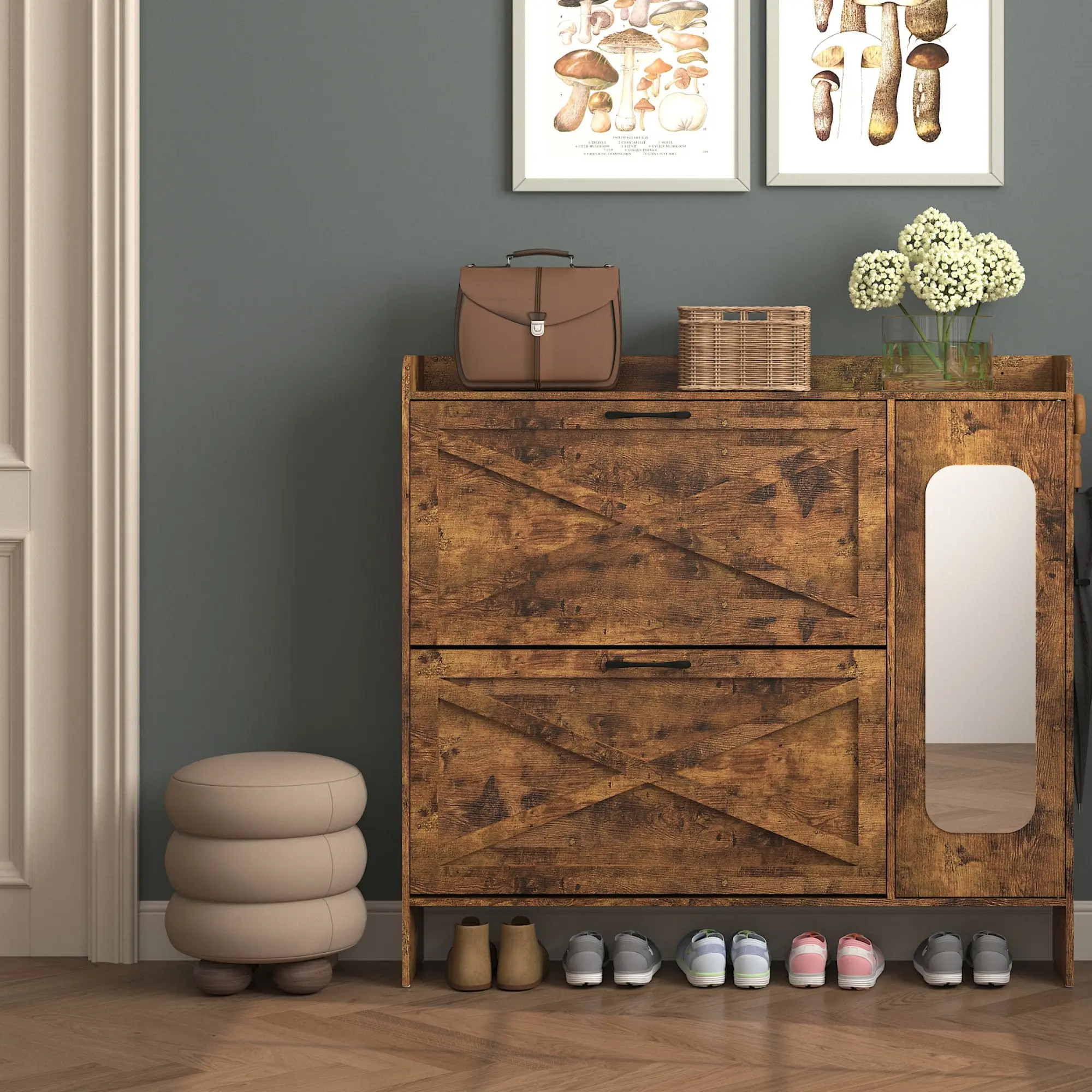 Shoe Cabinet with Mirror, Narrow Shoe Storage Cabinet with 2 Flip Drawers and 1 Cabinet, Freestanding Shoe Rack Organizer with Metal Legs for Entryway, Rustic Brown
