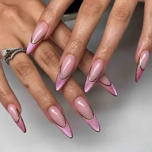 Handmade Pink Chrome Press On Nails | Metallic French Tips With Golden Outline | Stiletto Nails For Glam Party Vibe