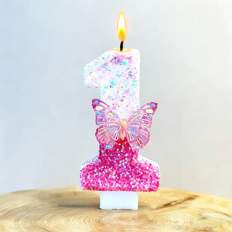 1pc Pink butterfly number birthday candles Cake Glitter are perfect for anniversaries, birthday cakes, parties, and special occasions, creating a festive atmosphere. They are also suitable for weddings, cake decorations, and indoor candles.