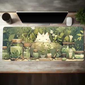 Plant & Cat Pattern Mouse Pad, Office Desk Mat Keyboard Pad, Office Desk Accessories, Non-slip Rubber Base Stitched Edges Mouse Pad, Suitable for Home Office Game, Gift for Students Friend