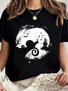 100% cotton Snail Halloween Costume Moon Silhouette Creepy T-Shirt Women Graphic T-Shirt Cotton Print short Sleeve Casual Top, Summer Tee Womens Tops