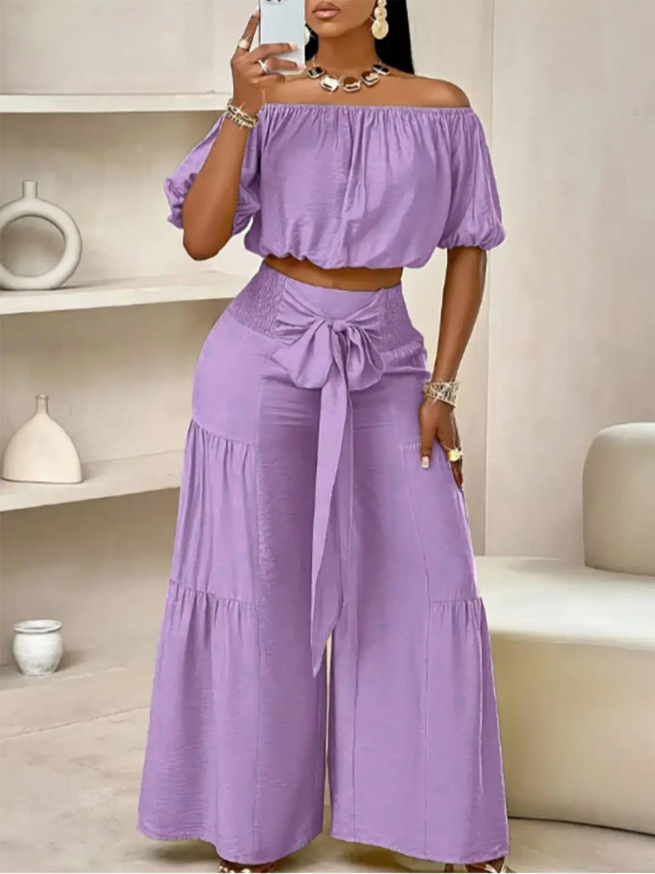 Two-piece Set Women's Solid Color Top & Wide Leg Pants Set, Womenswear, Fitted Casual Fashion Cozy Top & Trousers for Daily Outdoor Wear, Ladies Clothes for Summer