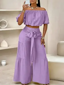 Two-piece Set Women's Solid Color Top & Wide Leg Pants Set, Fitted Casual Fashion Cozy Top & Trousers for Daily Outdoor Wear, Ladies Clothes for Summer