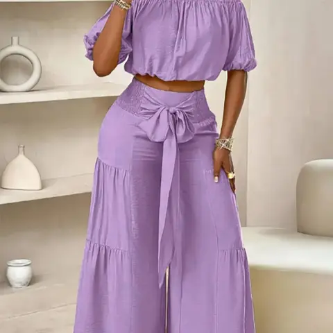 Two-piece Set Women's Solid Color Top & Wide Leg Pants Set, Outfit Set Womenswear, Fitted Casual Fashion Cozy Top & Trousers for Daily Outdoor Wear, Ladies Clothes for Summer