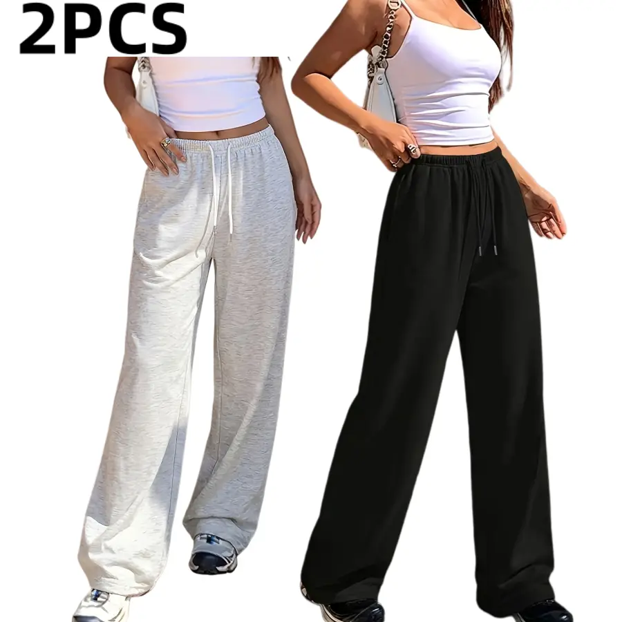 Women’s 2-pack high-waisted drawstring wide-leg pants, lightweight drapey casual trousers for spring/autumn/summer, loose fit that flatters figure, versatile straight-leg pants